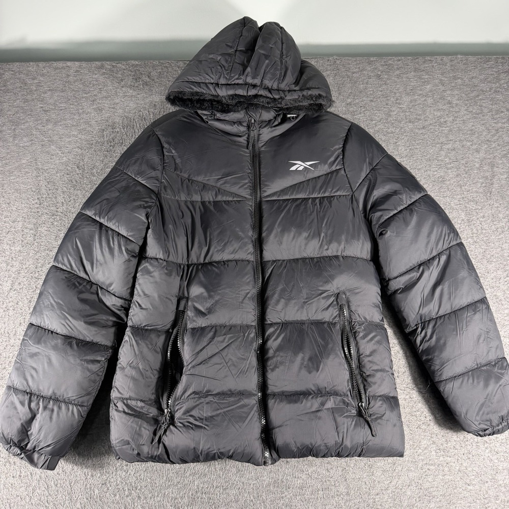 Reebok Puffer Jacket Mens Black Quilted Hooded Full Zip Faux Fur Lined Ski SZ S